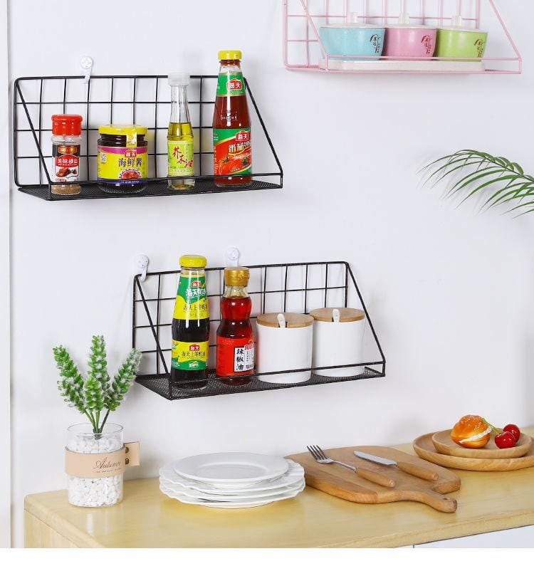 Metallic wall hanging basket storage rack