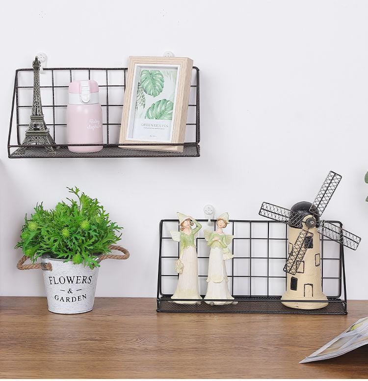 Metallic wall hanging basket storage rack