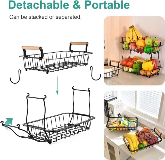 2 tier fruit/vegetable basket/rack with wooden handles and banana holder