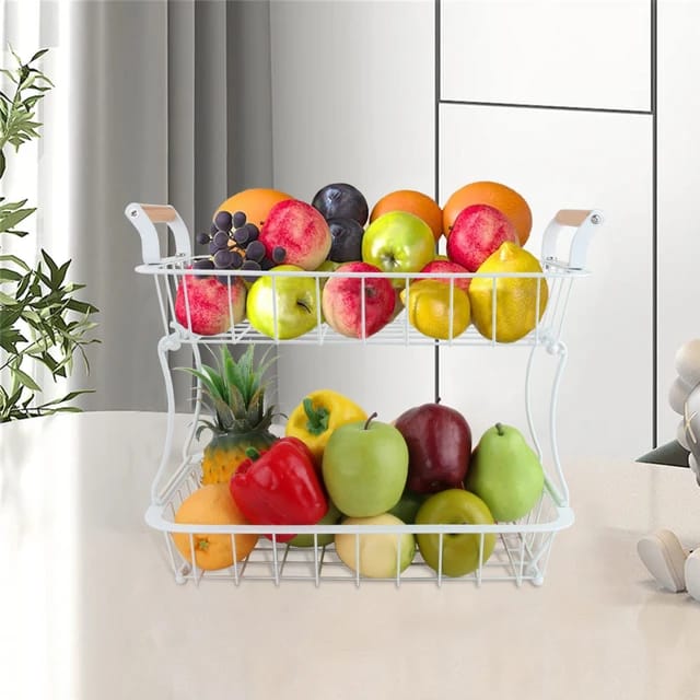 2 tier fruit/vegetable basket/rack with wooden handles and banana holder