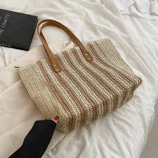 Striped pattern double handle straw bags
