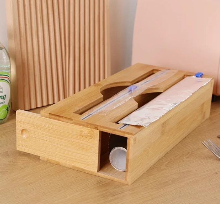 Bamboo kitchen wrap dispenser with foil & cling film cutter