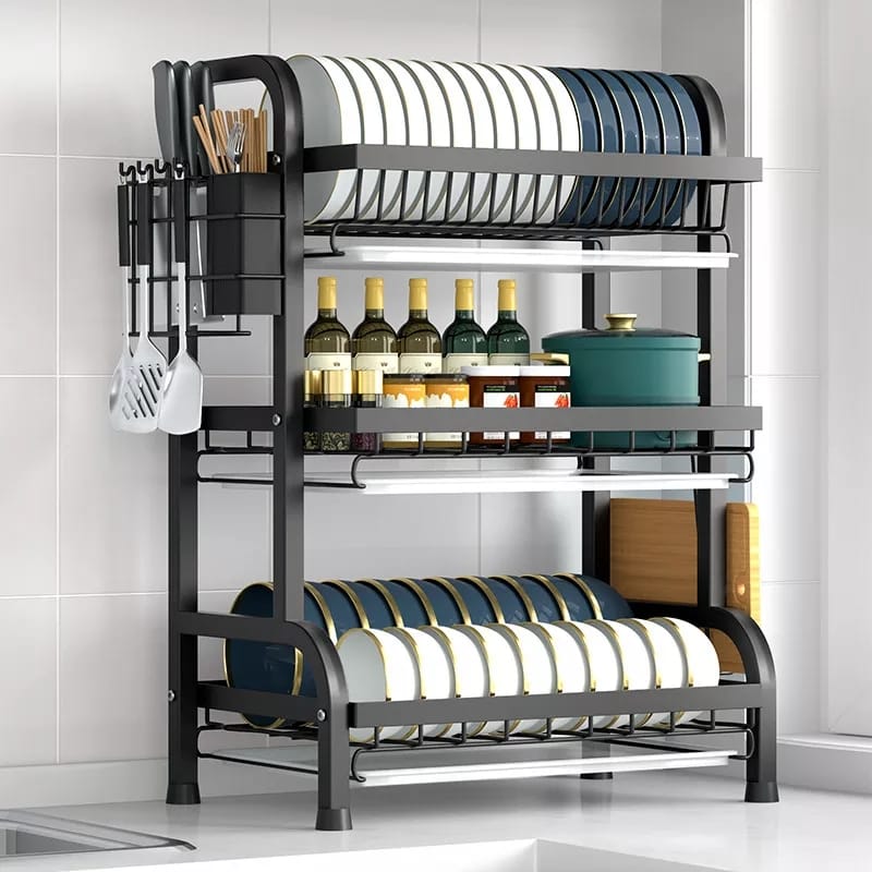 3 Tier Carbon Steel Dish Rack with Cutlery Holder & Chop Board Holder