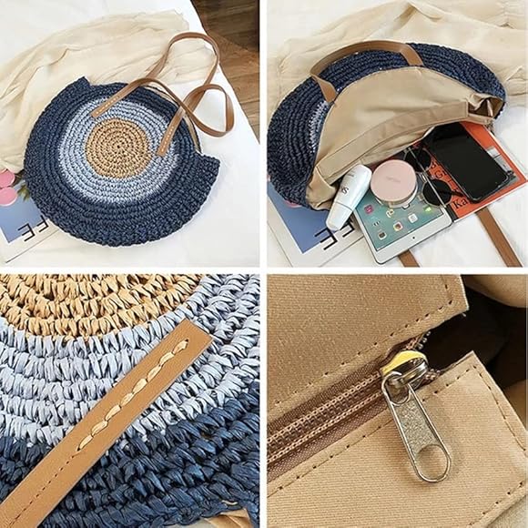 Round straw woven beach bag