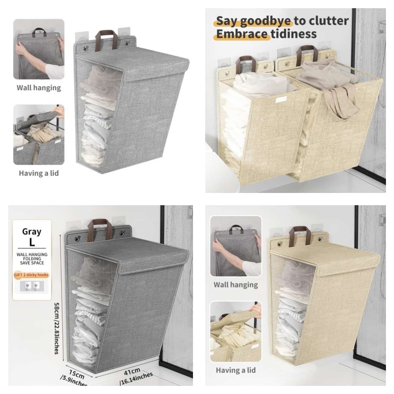 Foldable Adhesive Laundry Basket Hamper With Handle and Stickers