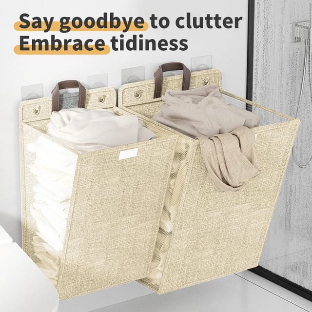 Foldable Adhesive Laundry Basket Hamper With Handle and Stickers