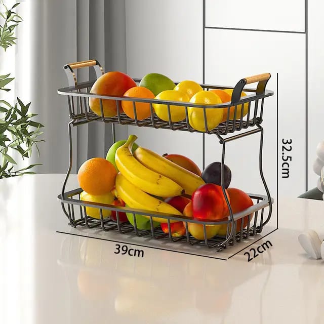 2 tier fruit/vegetable basket/rack with wooden handles and banana holder