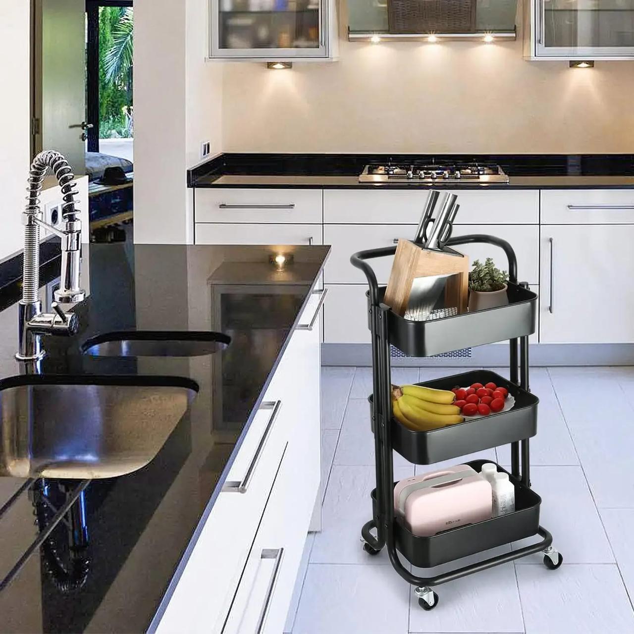 3 Tier multi-functional movable trolley storage rack with lockable wheels