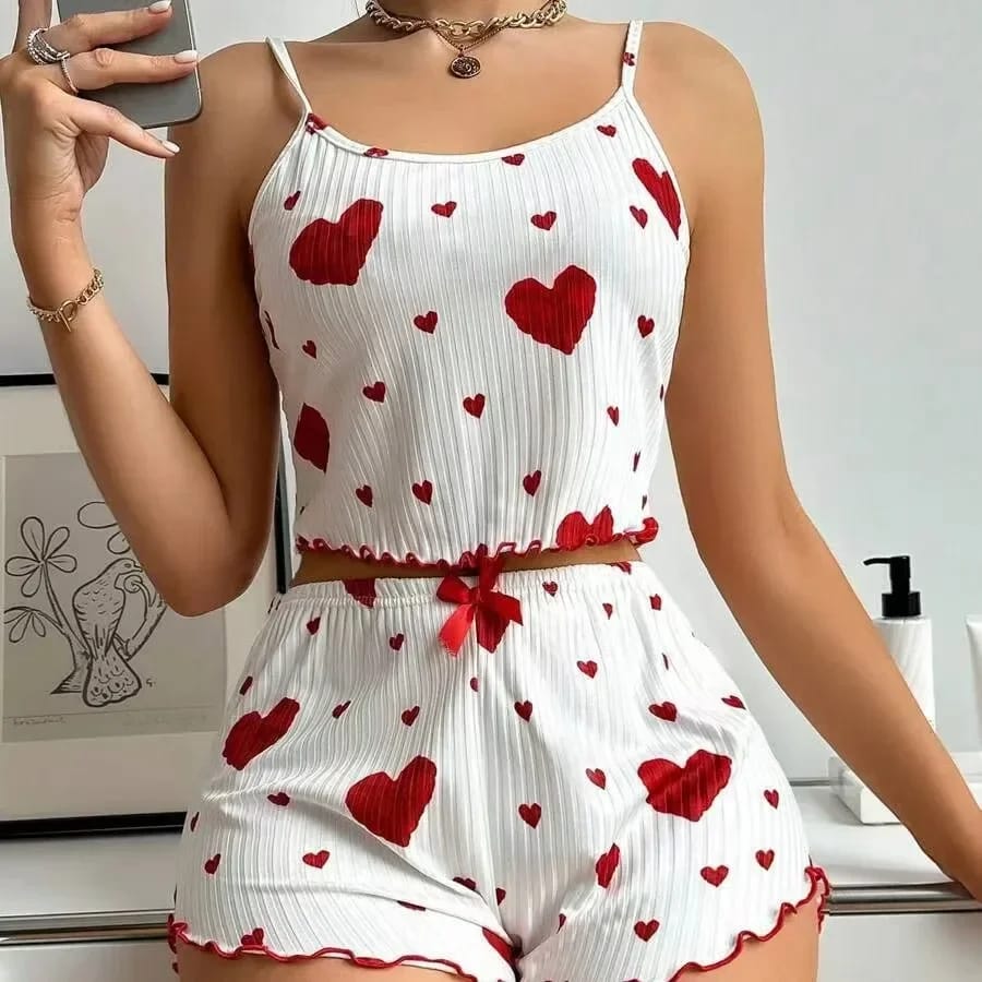 Women Heart Print Relaxed Fit Pajama Set