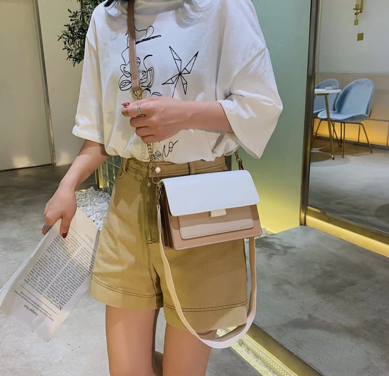Contrast color leather crossbody bag