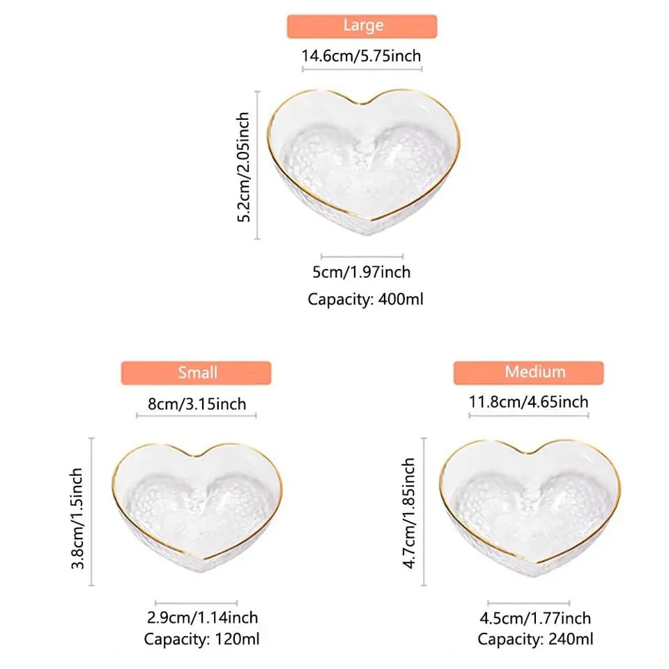 3pcs Set Heart-Shaped Golden Trim Glass Bowl