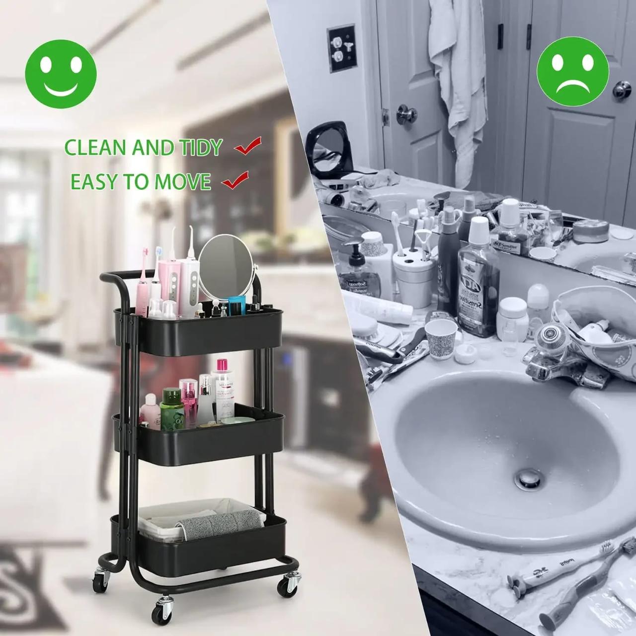 3 Tier multi-functional movable trolley storage rack with lockable wheels