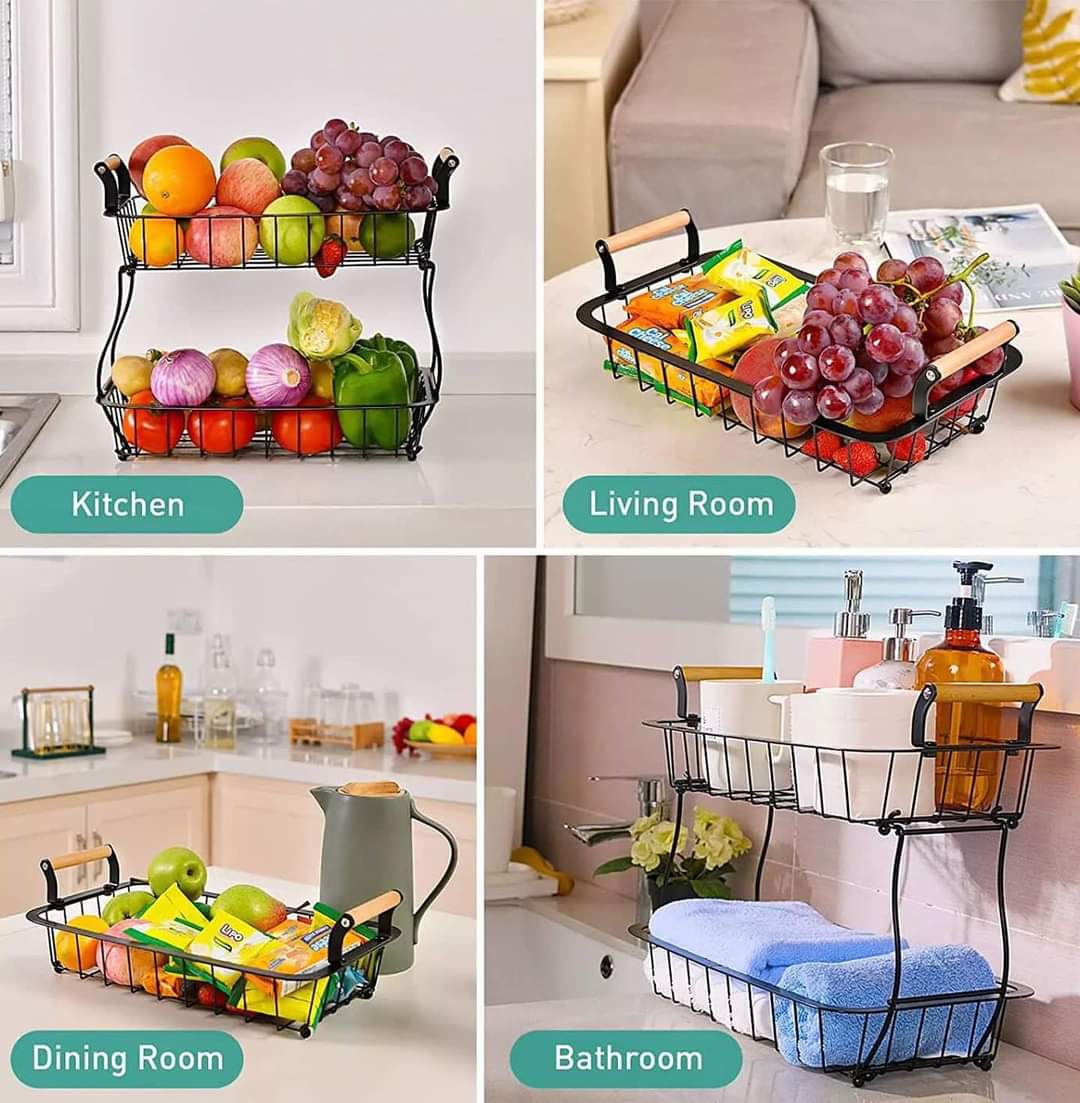 2 tier fruit/vegetable basket/rack with wooden handles and banana holder