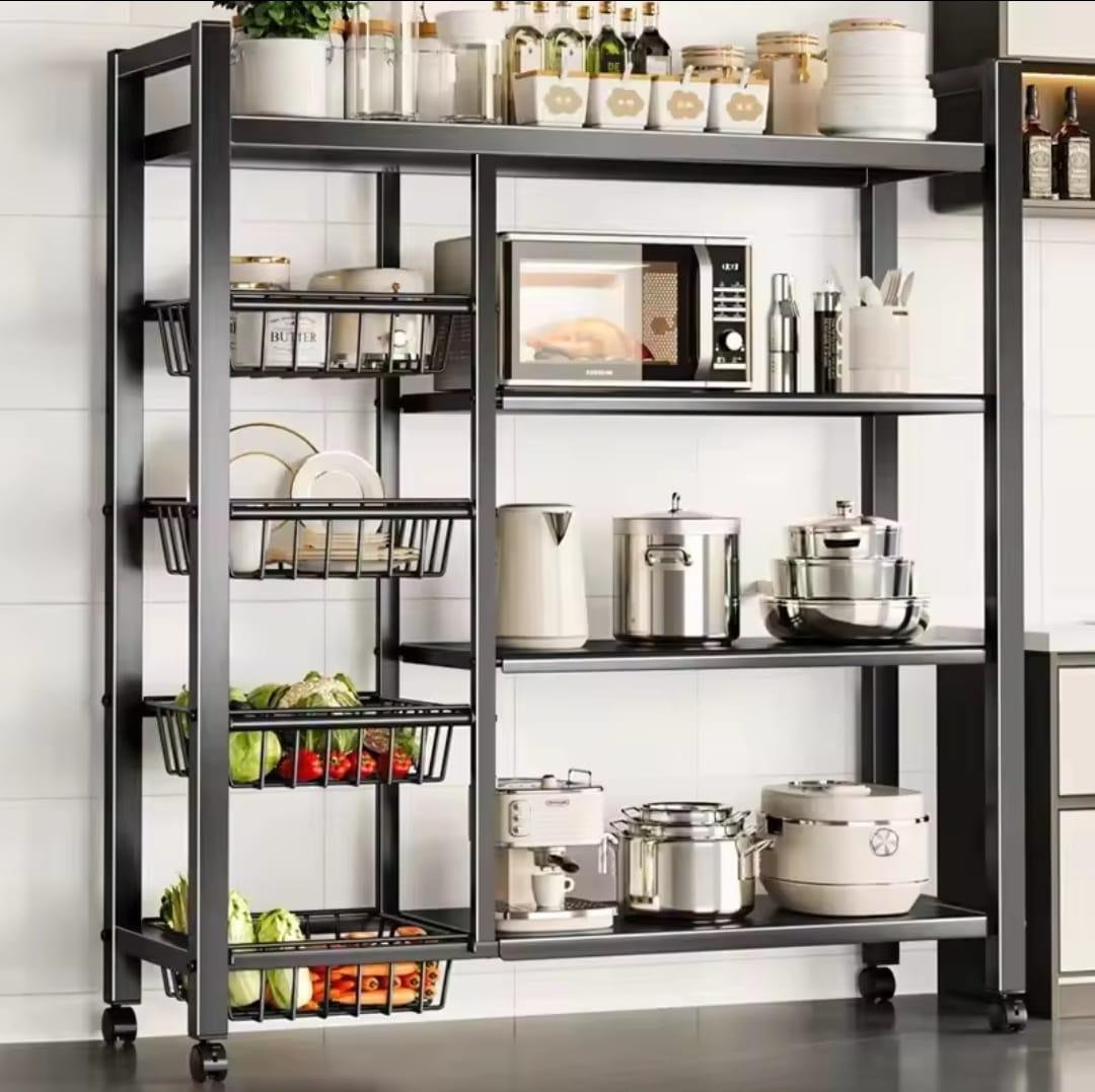 Multifunctional strong metallic kitchen rack with movable & lockable wheels