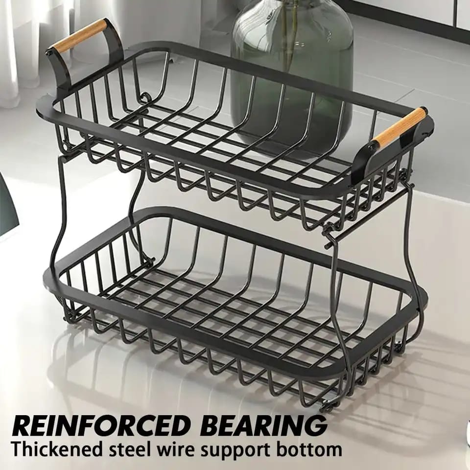 2 tier fruit/vegetable basket/rack with wooden handles and banana holder