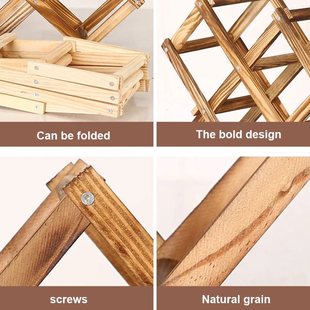 Foldable 10 slot wooden wine bottle rack