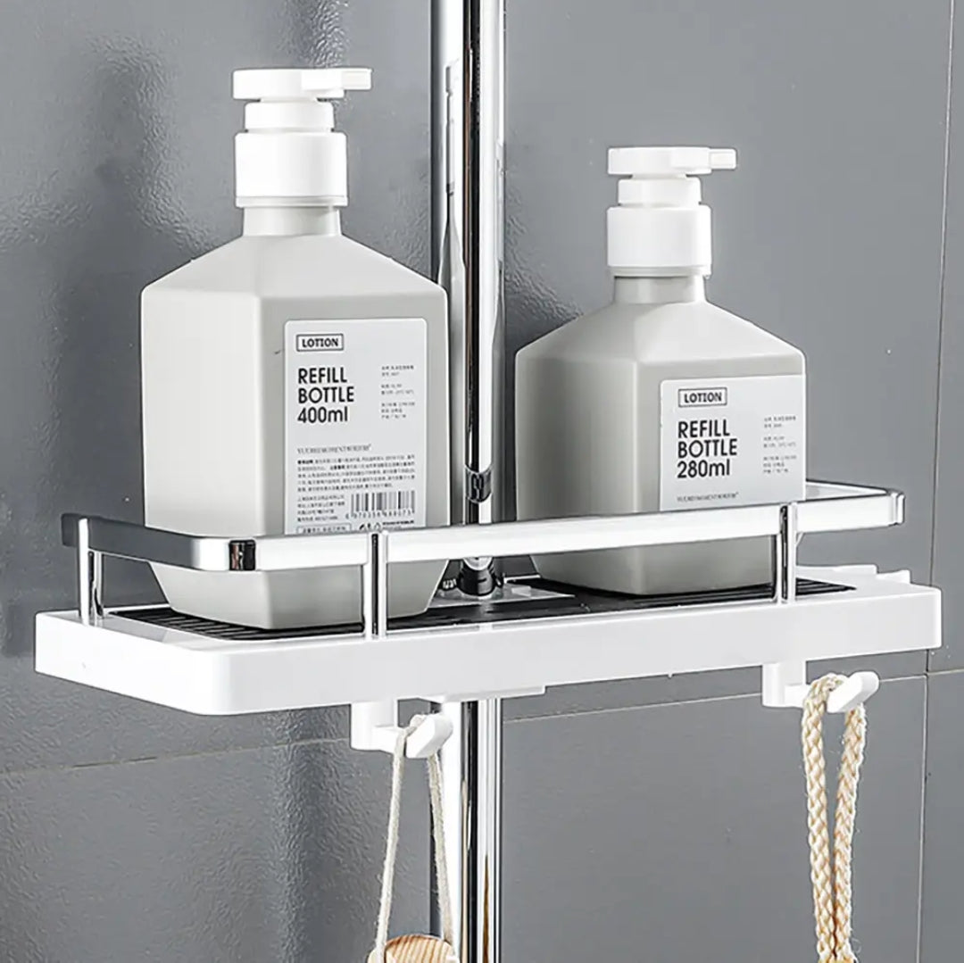 Rotating hook shower storage rack