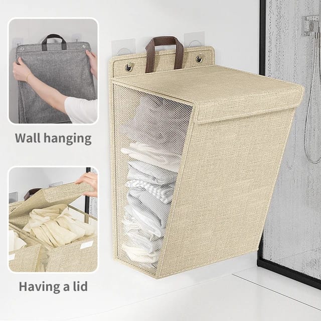 Foldable Adhesive Laundry Basket Hamper With Handle and Stickers