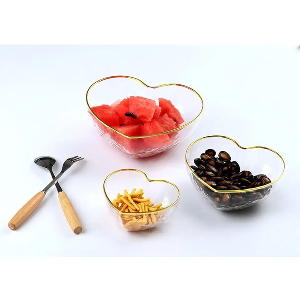 3pcs Set Heart-Shaped Golden Trim Glass Bowl