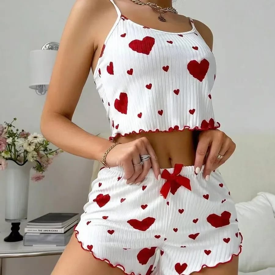 Women Heart Print Relaxed Fit Pajama Set
