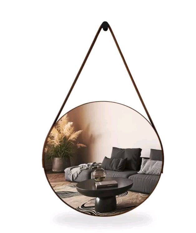 Round Decorative Mirror with a Leather Strap