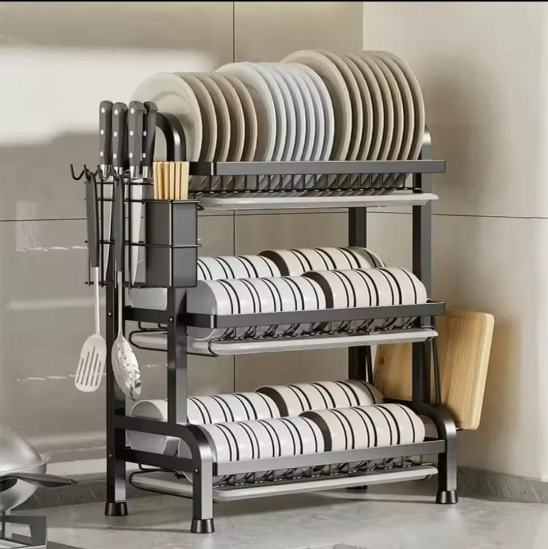 3 Tier Carbon Steel Dish Rack with Cutlery Holder & Chop Board Holder