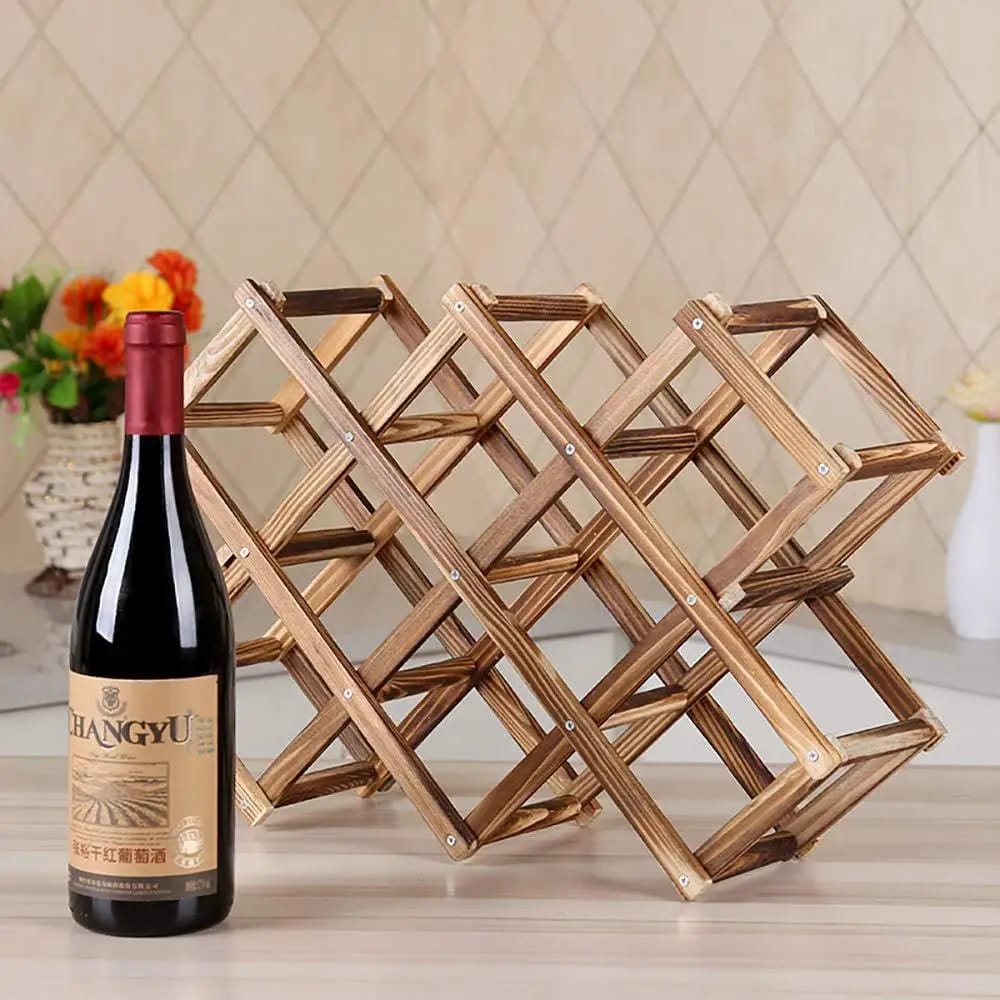 Foldable 10 slot wooden wine bottle rack