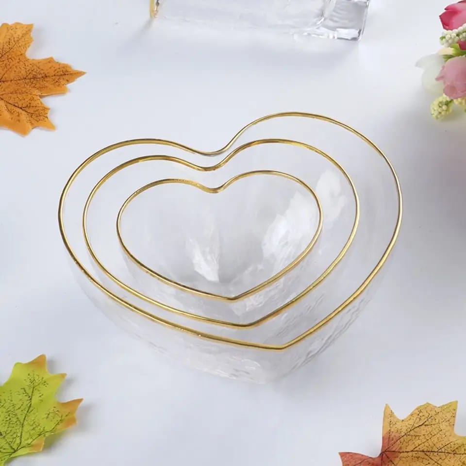 3pcs Set Heart-Shaped Golden Trim Glass Bowl