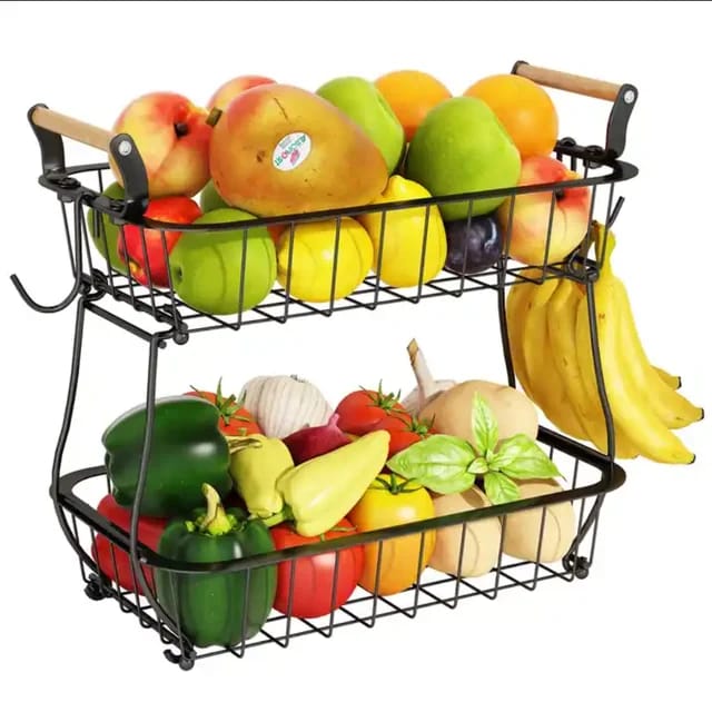 2 tier fruit/vegetable basket/rack with wooden handles and banana holder