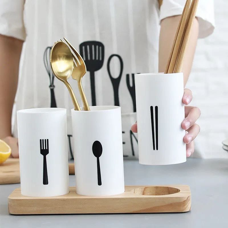 3pcs set cutlery organizer with oak base