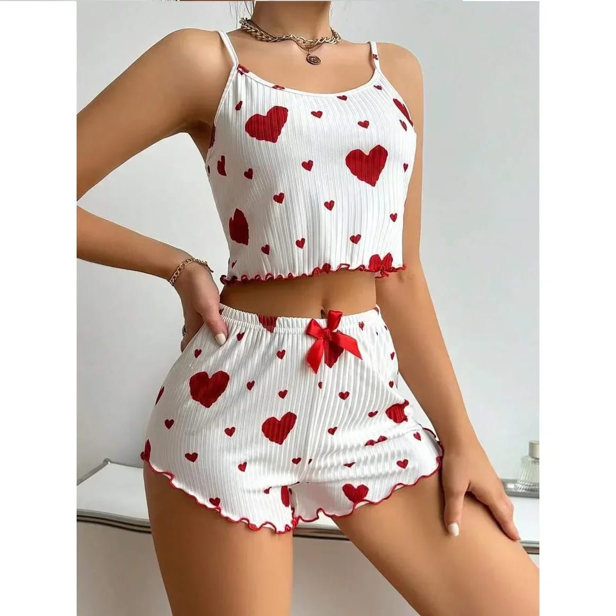 Women Heart Print Relaxed Fit Pajama Set