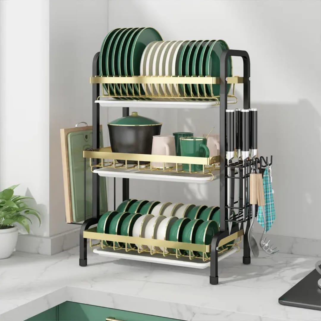 3 tier dish rack with cutlery holder & chop board holder