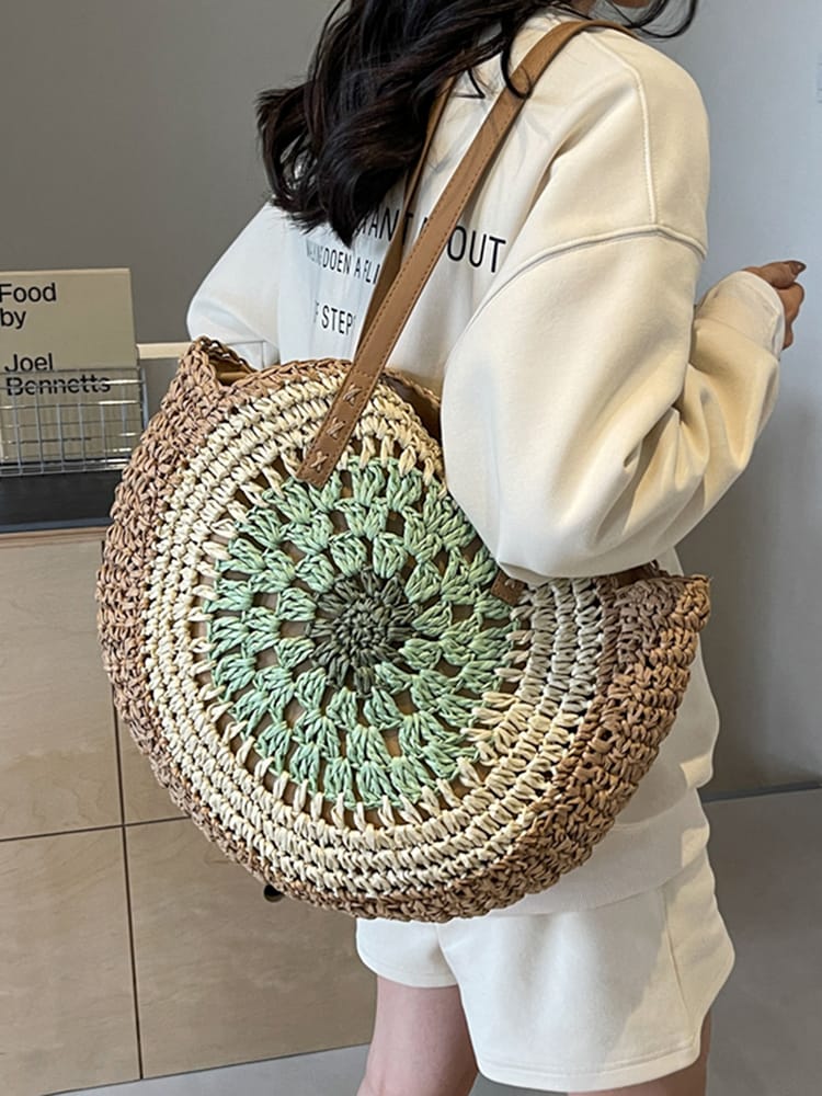 Round straw woven beach bag
