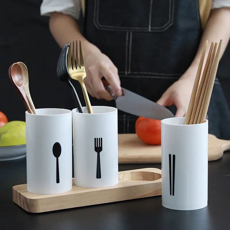 3pcs set cutlery organizer with oak base