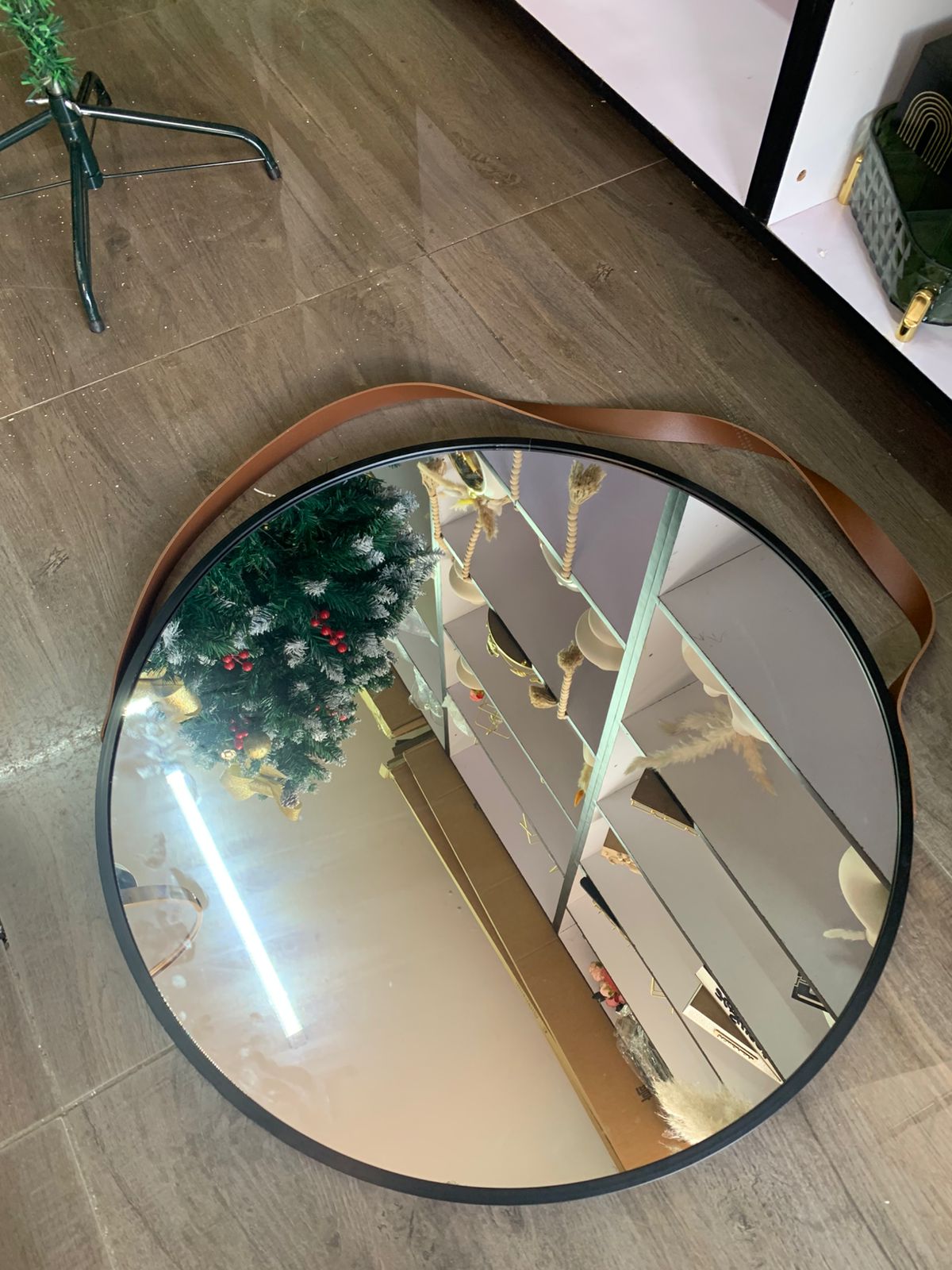 Round Decorative Mirror with a Leather Strap