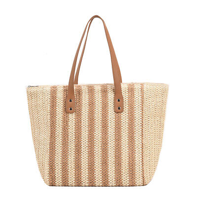 Striped pattern double handle straw bags