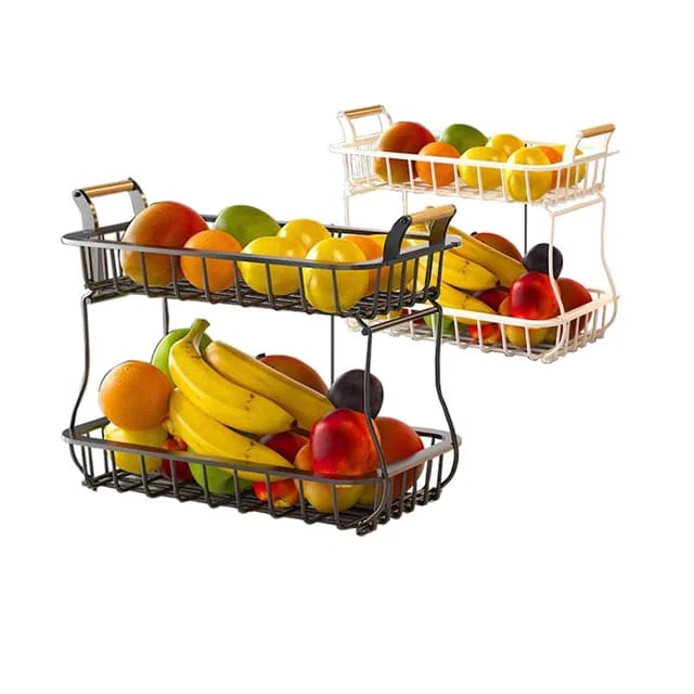 2 tier fruit/vegetable basket/rack with wooden handles and banana holder