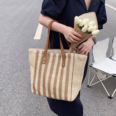 Striped pattern double handle straw bags