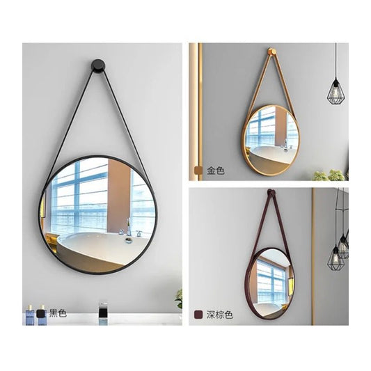 Round Decorative Mirror with a Leather Strap
