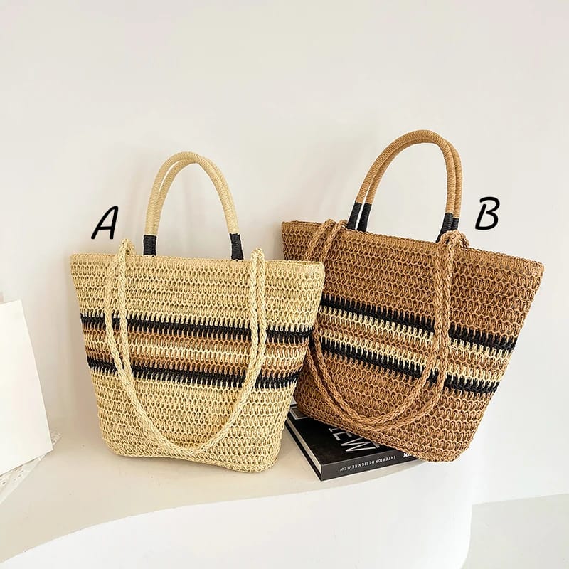 French color block woven tote bag