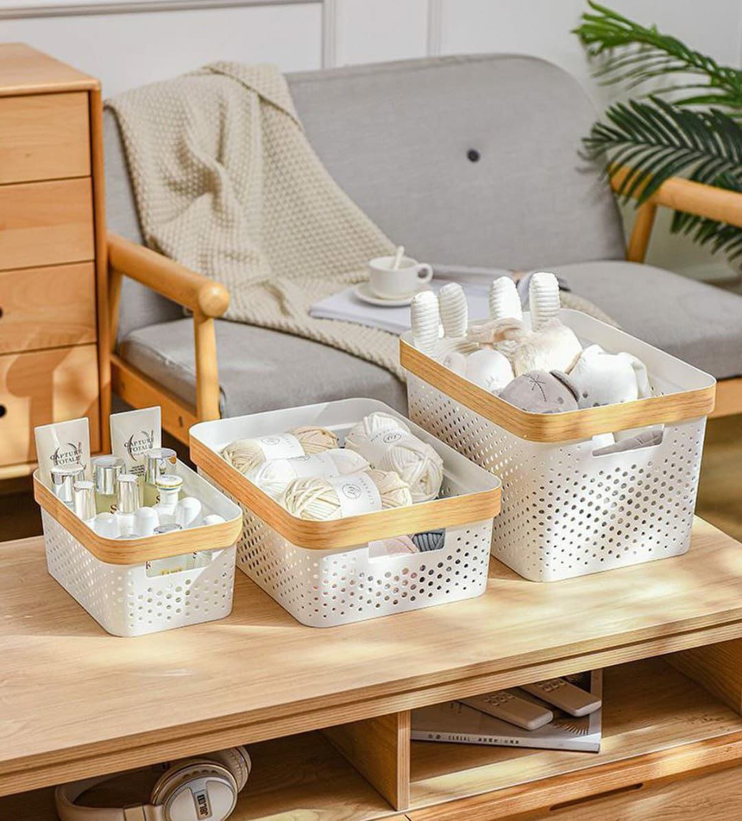 3pcs set nordic multipurpose storage baskets with goldish lining