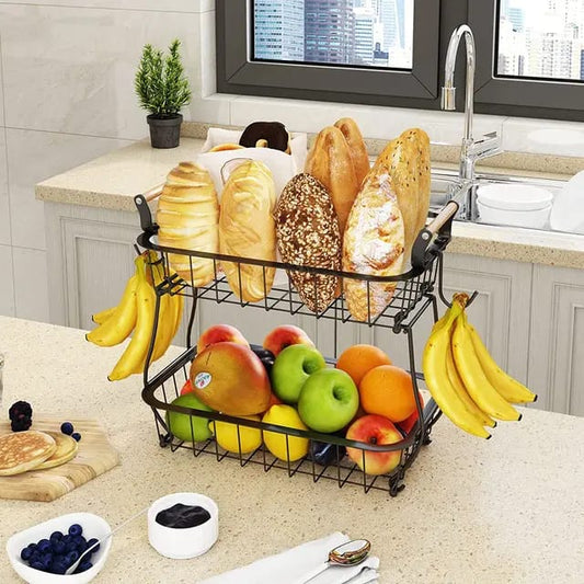 2 tier fruit/vegetable basket/rack with wooden handles and banana holder