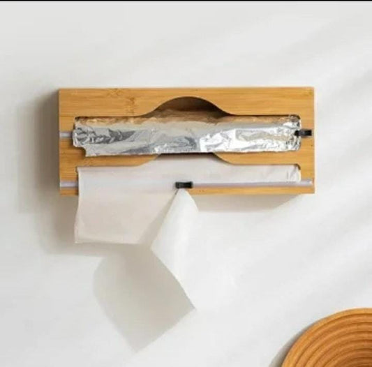 Bamboo kitchen wrap dispenser with foil & cling film cutter