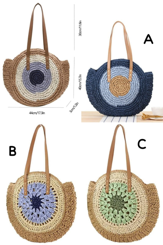 Round straw woven beach bag