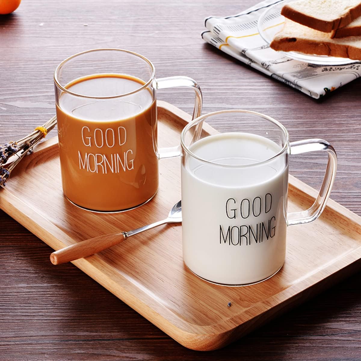 2pcs Set Borosilicate Good Morning Printed Glass Mug with Handle