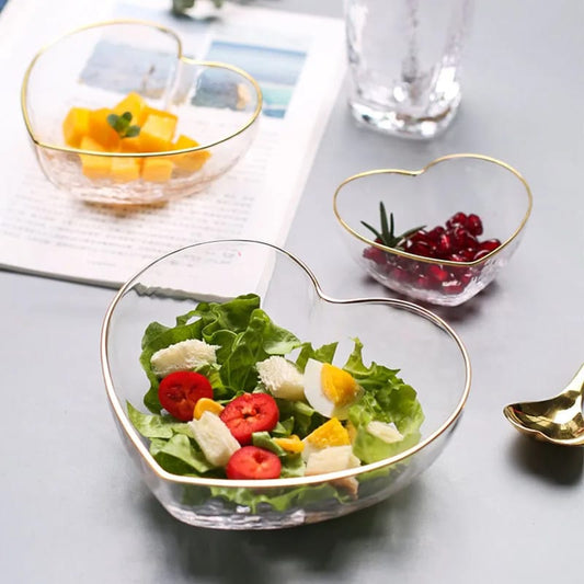 3pcs Set Heart-Shaped Golden Trim Glass Bowl