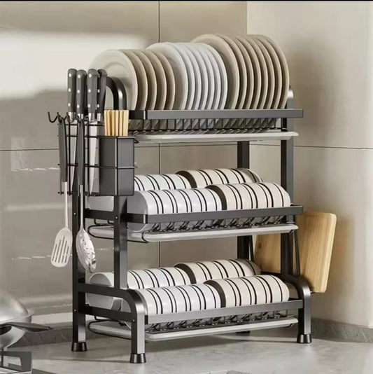 3 Tier Carbon Steel Dish Rack with Cutlery Holder & Chop Board Holder