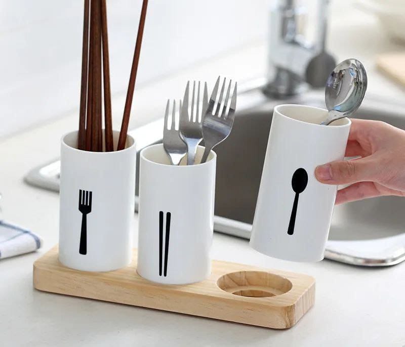 3pcs set cutlery organizer with oak base