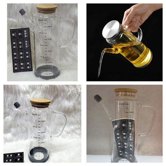 Glass oil/vinegar dispenser/jar with bamboo lid and non-slip rubber base