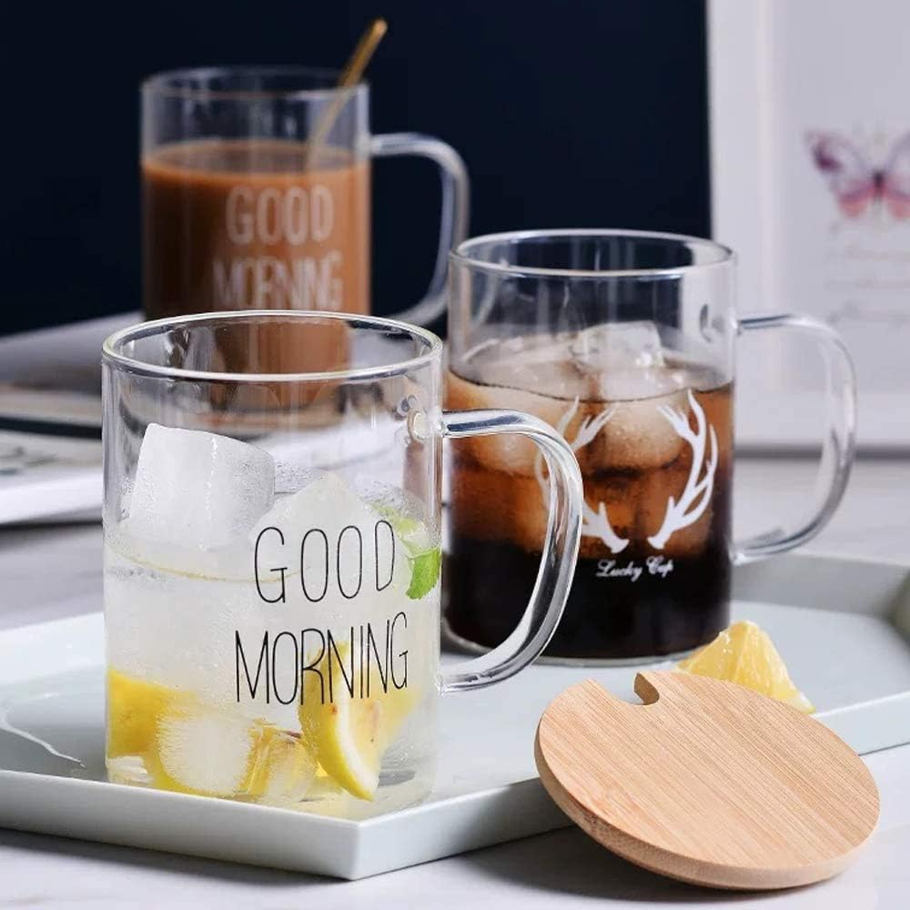 2pcs Set Borosilicate Good Morning Printed Glass Mug with Handle